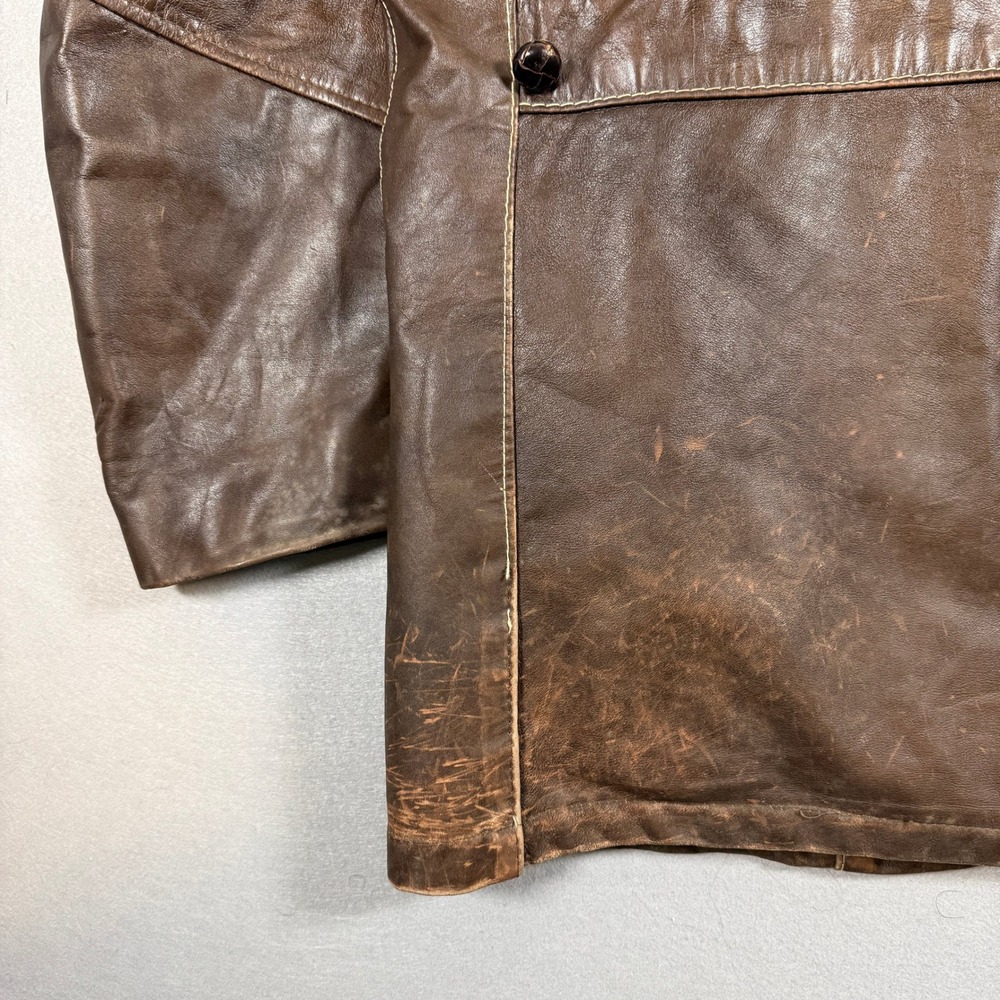 Vintage 70's Towncraft Leather Jacket Safari Coat Size 38 Brown Front Pockets - Picture 6 of 15
